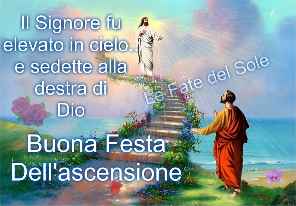 Gesù ascende al cielo su una scala fiorita mentre un uomo lo osserva. Buona Festa dell'Ascensione