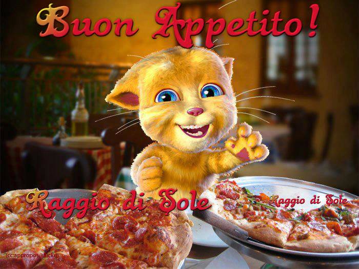 Gatto animato felice affianco a due pizze con scritta Buon Appetito!