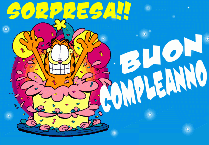 Garfield esce da una torta di compleanno con unespressione felice.