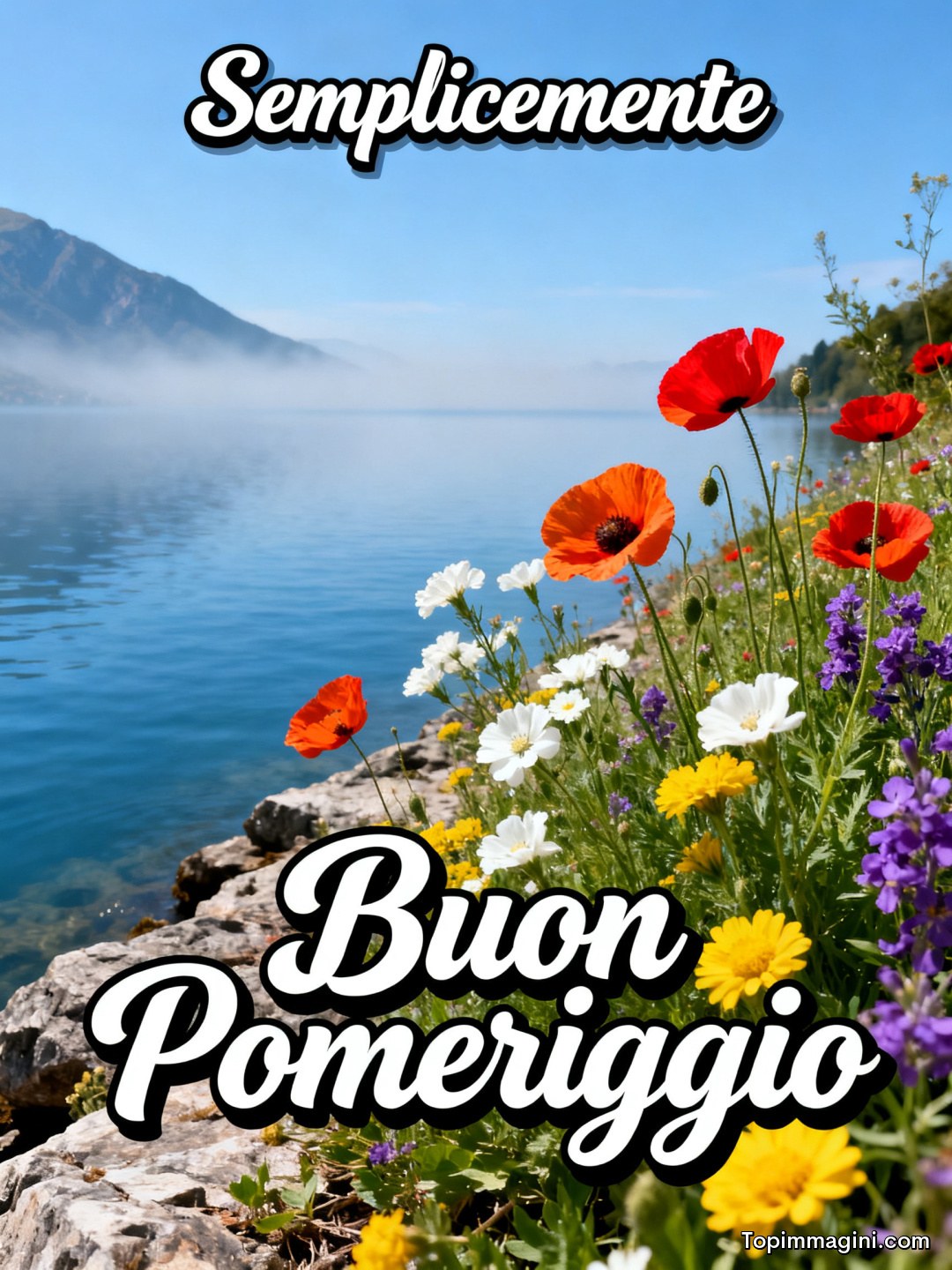 Fiori colorati sulla riva di un lago calmo con montagne in lontananza e cielo azzurro