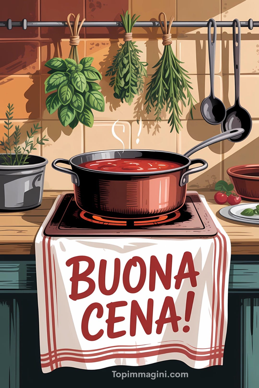 Pentola di sugo rosso sul fuoco con la scritta 'Buona Cena!' e piante aromatiche