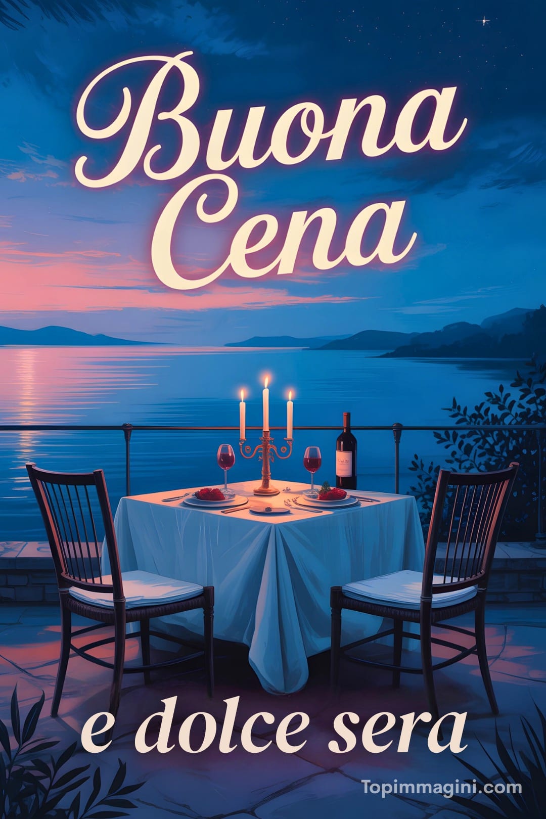 Tavolo elegante per due, vista mare al tramonto, 'Buona Cena e dolce sera'