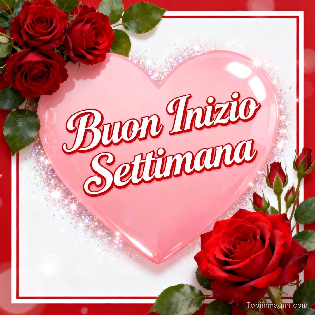 Cuore rosa con scritta augurale, circondato da rose rosse e foglie verdi su sfondo brillante