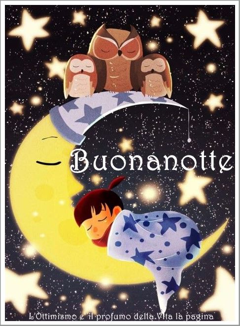 Un bambino dorme su una luna sorridente sotto le stelle con due gufi