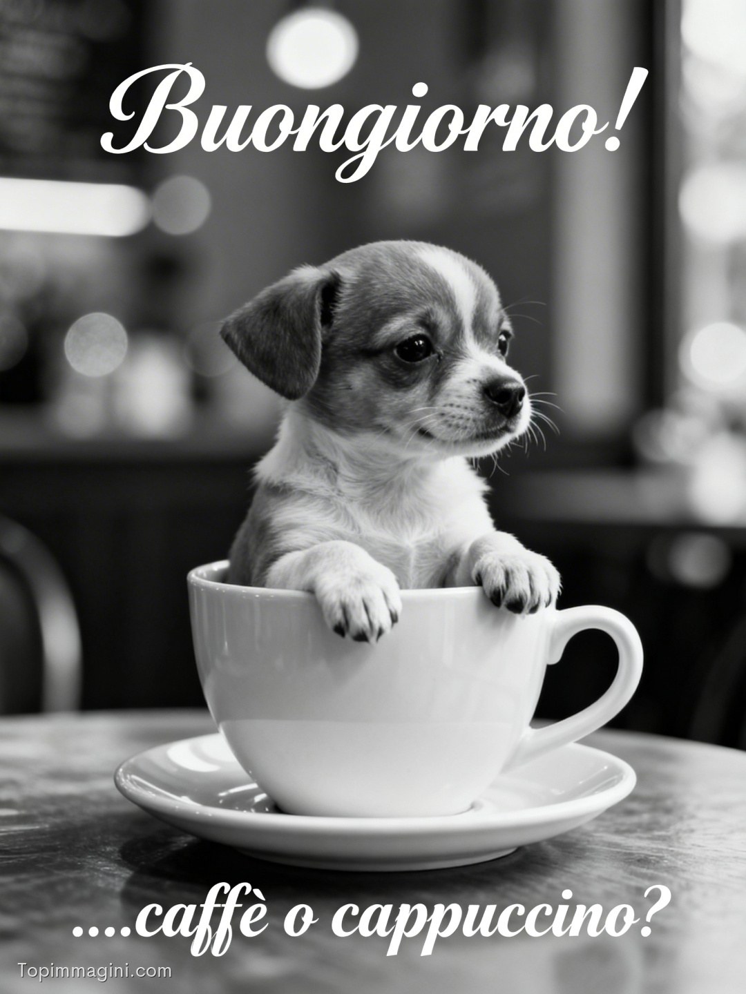Cagnolino dentro una tazza da caffè, in bianco e nero, con scritta di buongiorno e domanda sulla bevanda