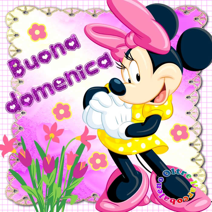 Minnie Mouse in giallo e rosa con fiori e scritta Buona domenica
