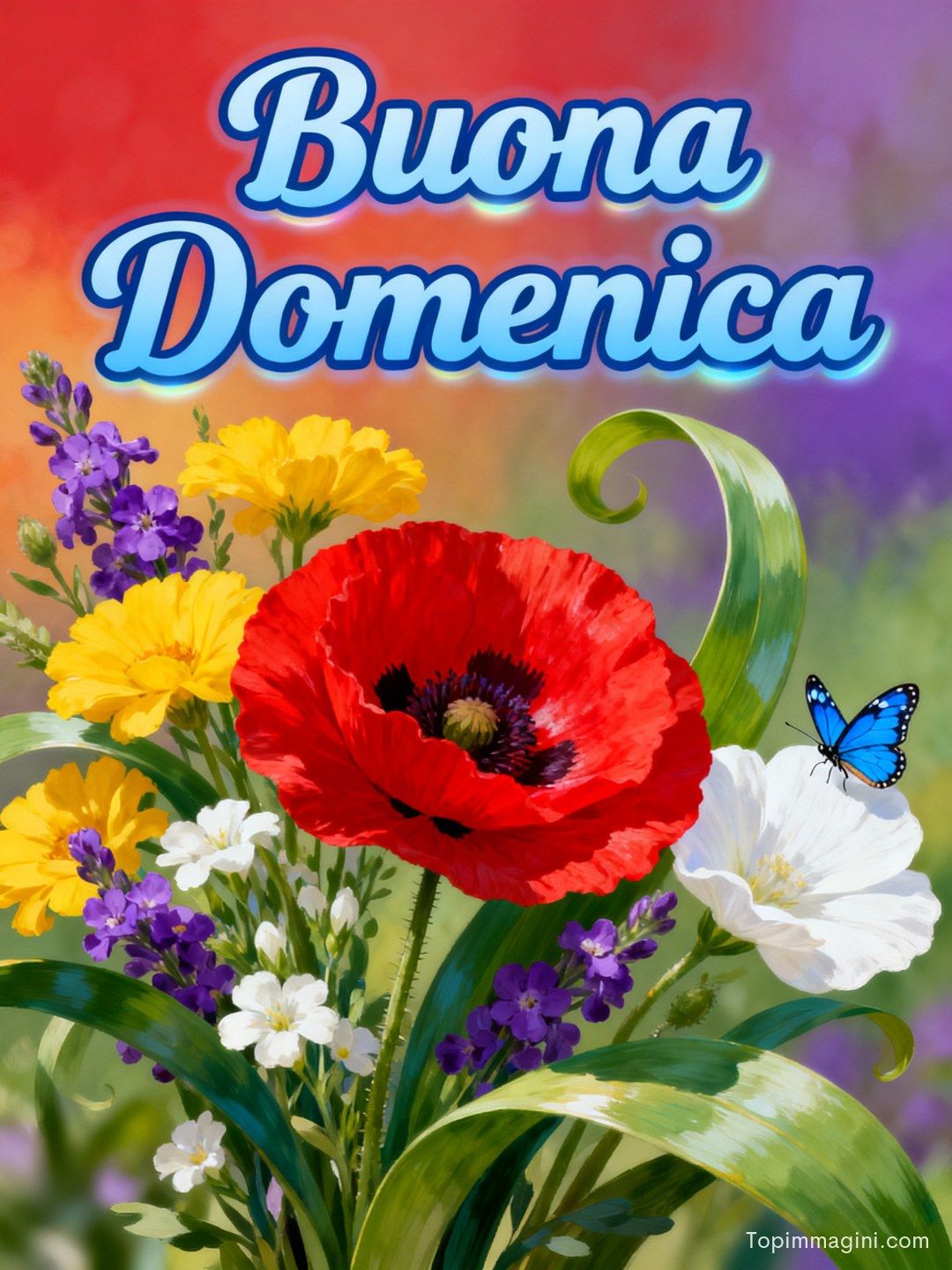 Bouquet di fiori colorati con papavero rosso e farfalla blu su sfondo sfumato