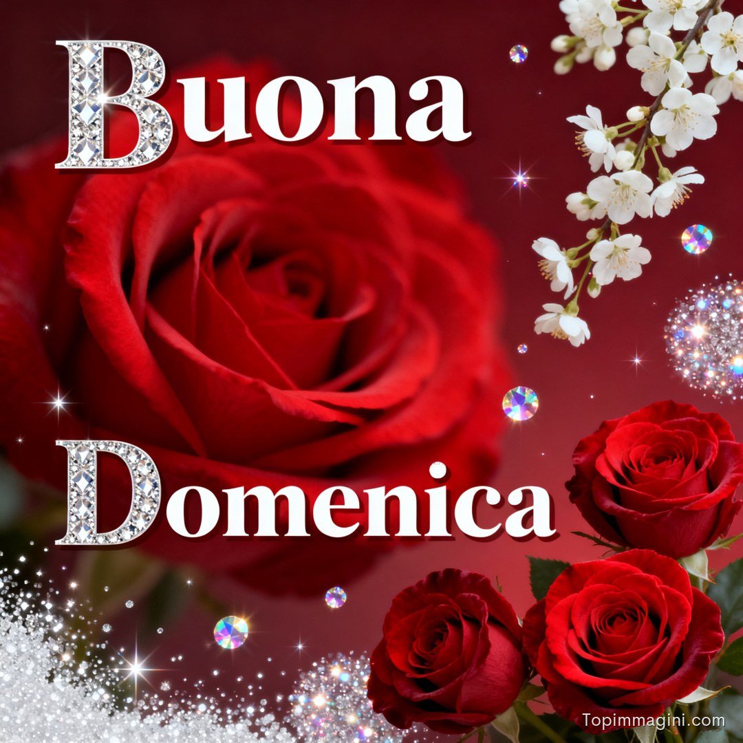 Rose rosse e fiori bianchi con scintillii e scritta di augurio per la domenica