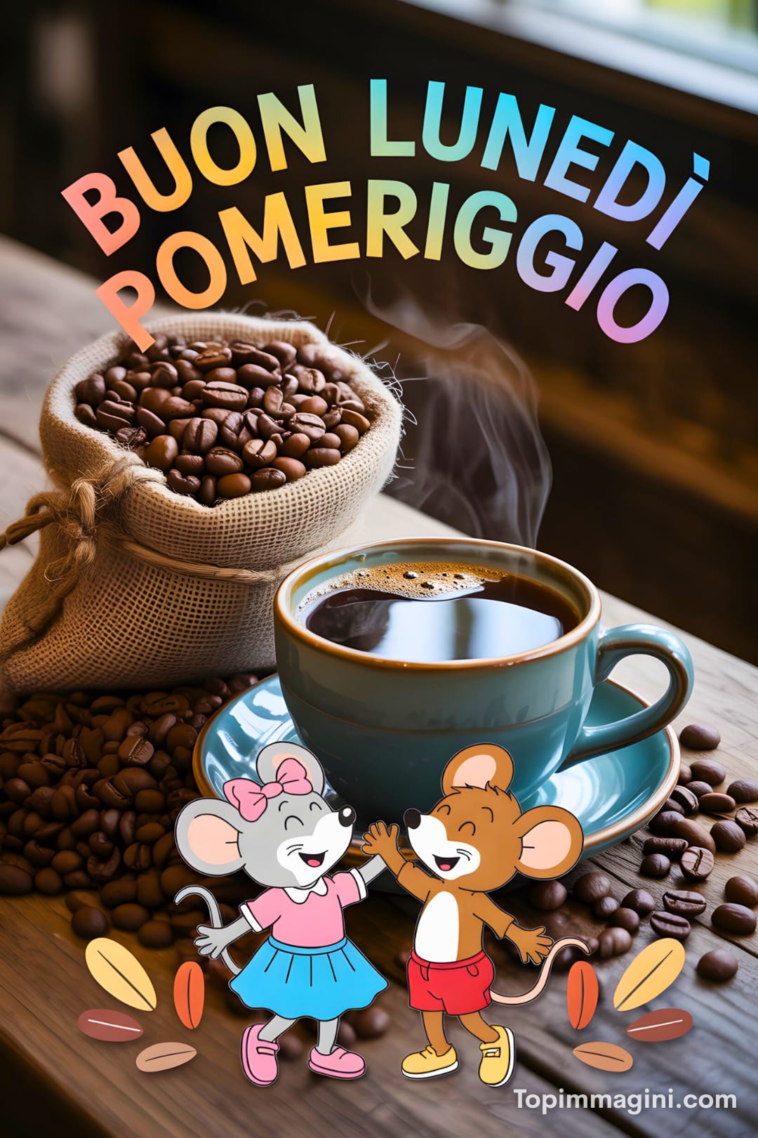 Una tazza di caffè fumante con due topolini felici e chicchi di caffè