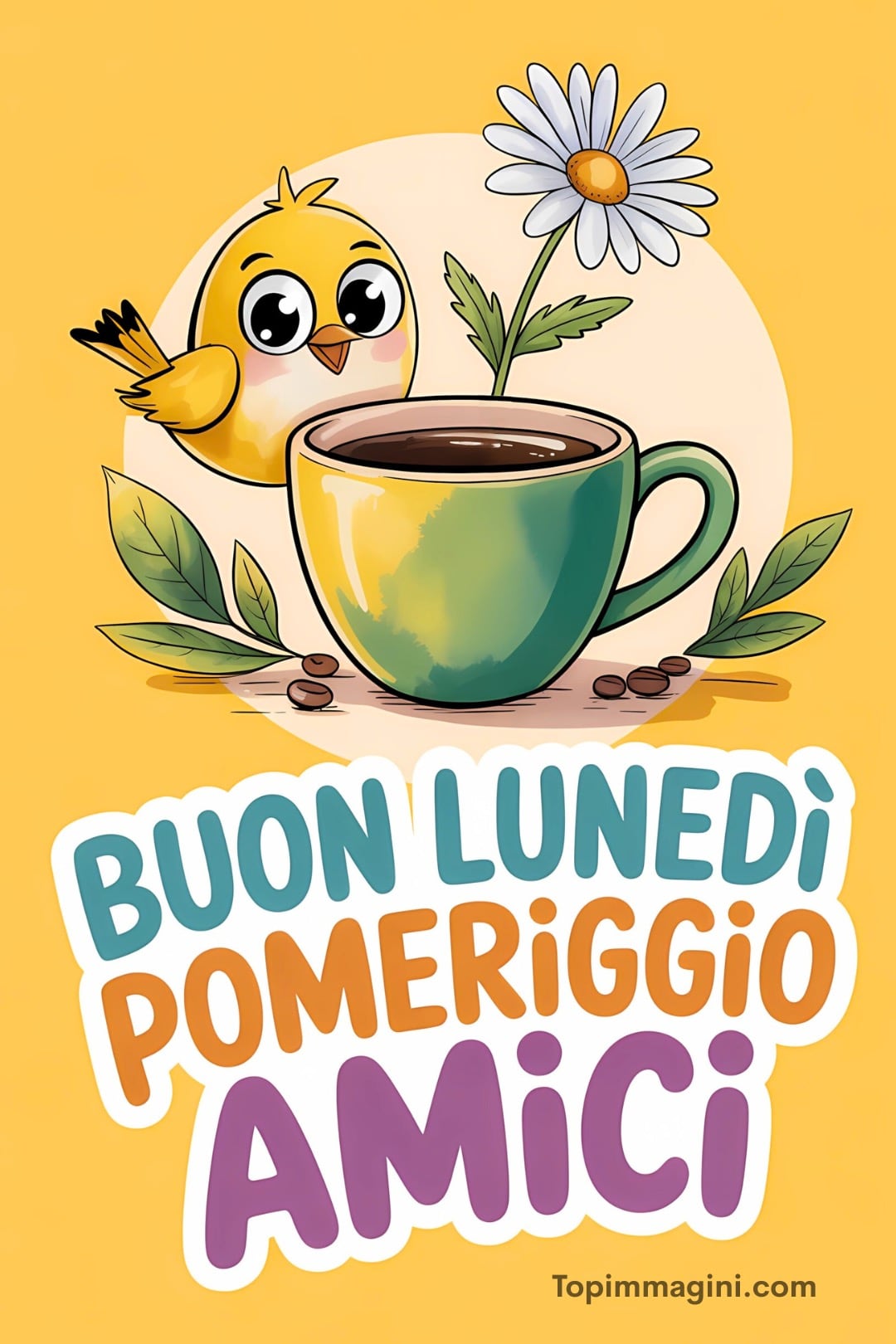 Un pulcino giallo, una tazza di caffè e una margherita. Scritta: 'Buon lunedì pomeriggio amici'