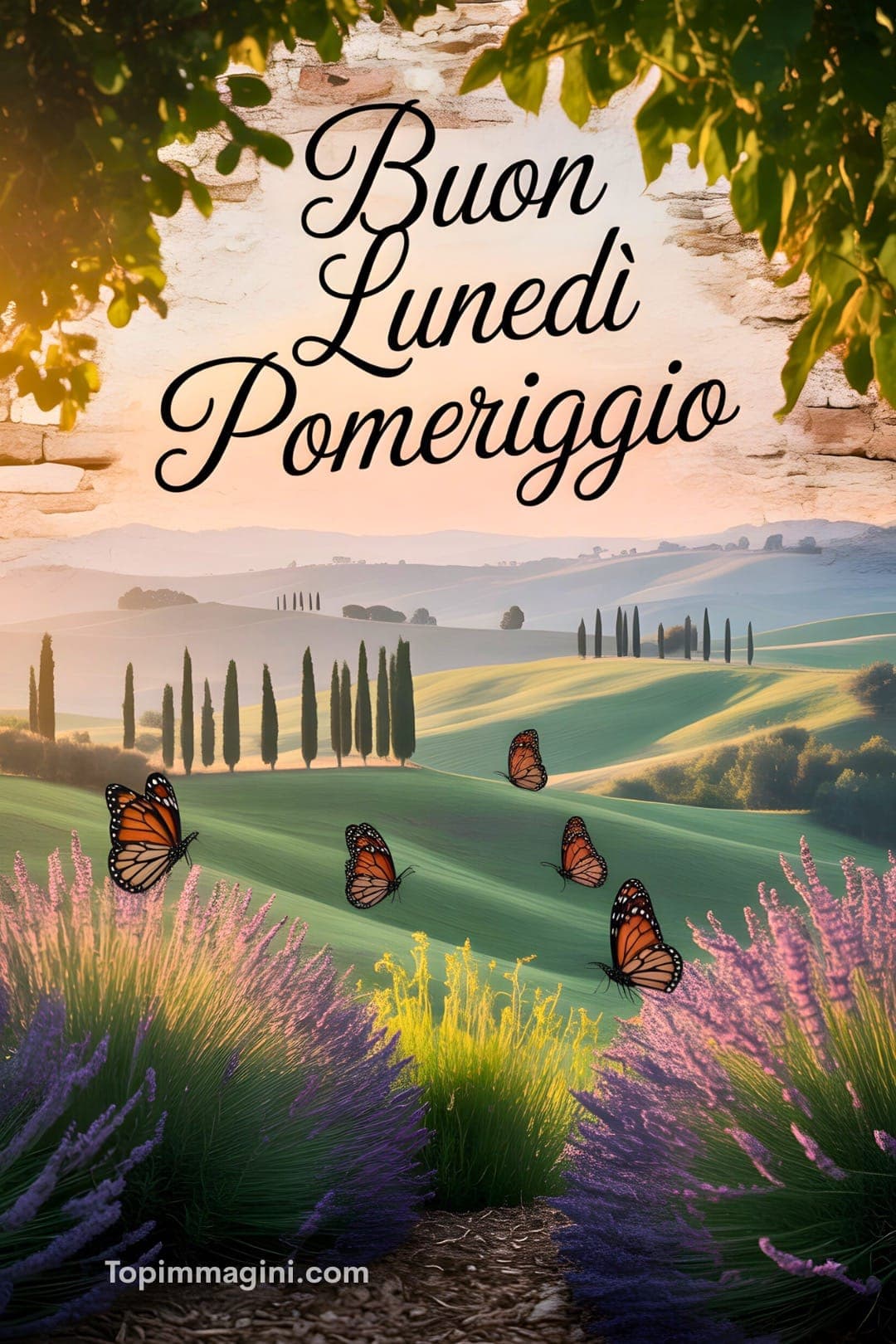 Paesaggio rurale al tramonto con farfalle e campi di lavanda. 'Buon Lunedì Pomeriggio' scritto sopra