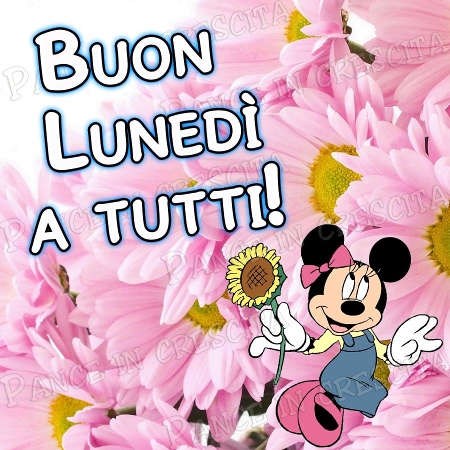 Minnie Mouse su sfondo floreale rosa con saluto Buon Lunedì a tutti!