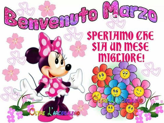 Minnie Mouse tra fiori e una scritta di benvenuto a marzo