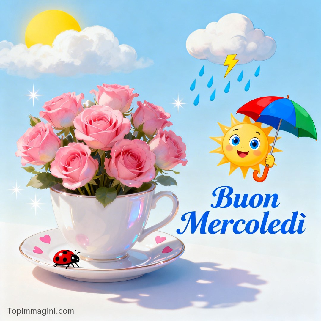 Tazza con rose rosa, coccinella e scritta “Buon mercoledì” con sole sorridente e ombrello