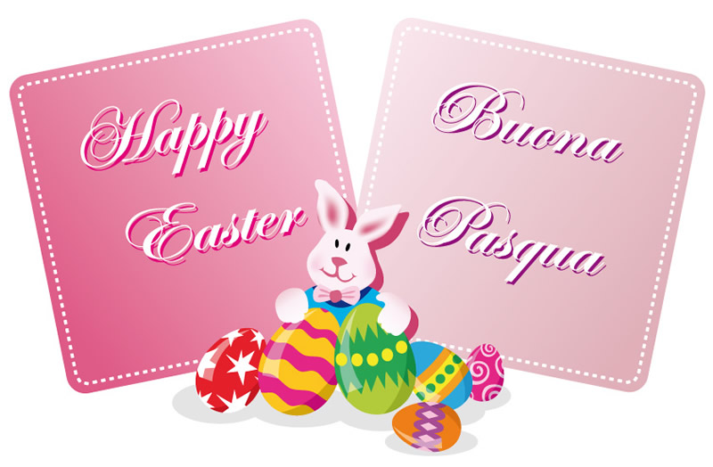 Un coniglio di Pasqua e uova decorate con auguri in inglese e italiano