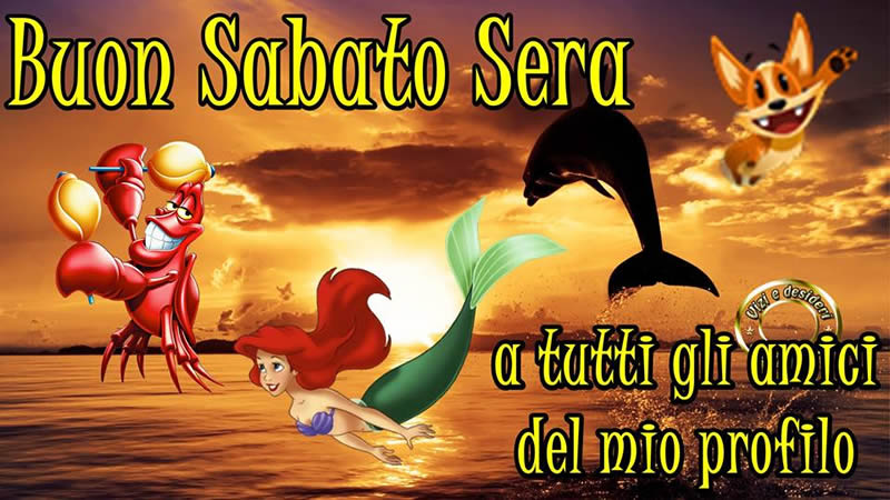 Un granchio, una sirena, un delfino e una cagnolina volante su sfondo tramonto