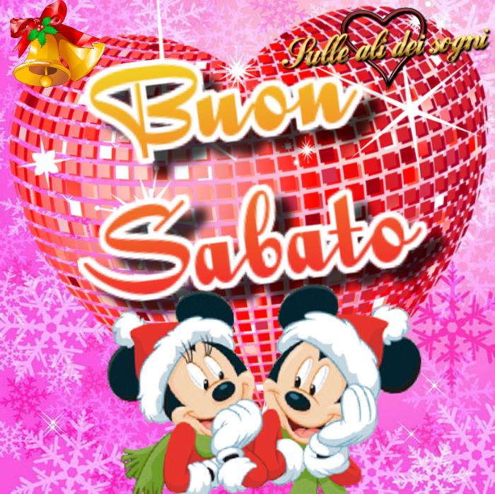 Topolino e Minnie con cappelli natalizi davanti a un cuore scintillante e auguri di Buon Sabato