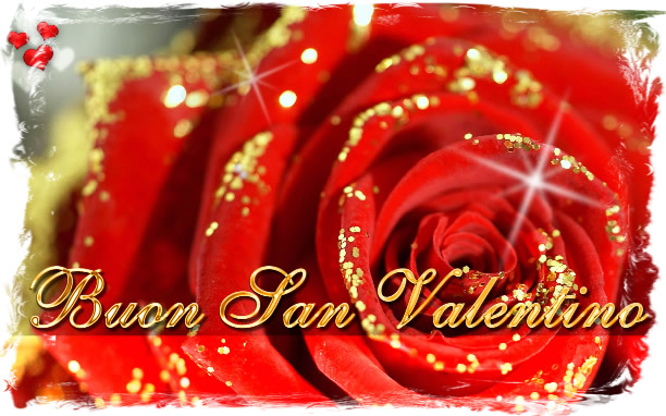 Una rosa rossa con brillantini e la scritta Buon San Valentino