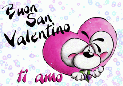 Una grafica con una creatura cartone animato e un cuore rosa con scritta affettiva