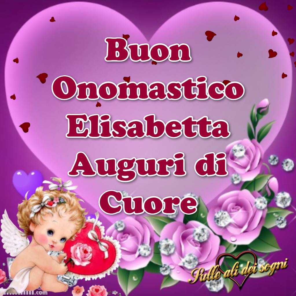 Buon onomastico Elisabetta con angelo, cuore rosso, rose rosa e sfondo viola pieno di piccoli cuori rossi