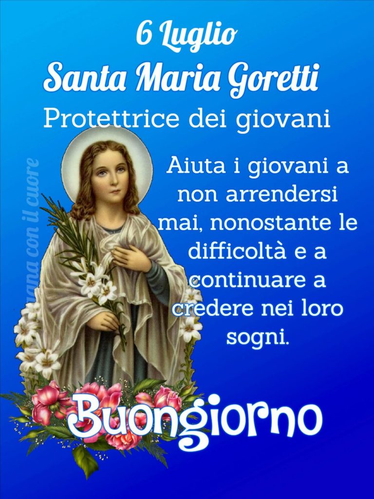 L'immagine raffigura Santa Maria Goretti, simbolo di resilienza e guida spirituale, circondata da fiori simbolo di innocenza e purezza.