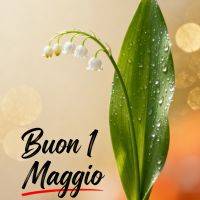 Mughetto con foglia verde e gocce di rugiada su sfondo luminoso, con scritta “Buon 1 maggio”