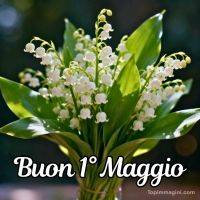 Mazzo di mughetti bianchi con foglie verdi e scritta di auguri per il Primo Maggio