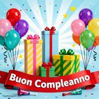 Scritta di auguri con palloncini colorati e pacchi regalo su sfondo a raggi e coriandoli