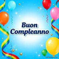 Scritta di auguri “Buon compleanno” su sfondo azzurro con palloncini colorati, stelle e coriandoli