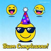Emoji sorridente con occhiali e cappellino da festa, con due emoji che ridono su sfondo azzurro
