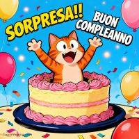 Gatto cartoon che spunta da una torta con panna rosa, palloncini e coriandoli festosi