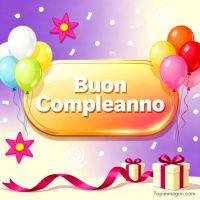 Biglietto di auguri con palloncini colorati, coriandoli e pacchetti regalo su sfondo viola