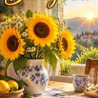 Vaso con girasoli su tavolo con tazza e limoni, vista su colline al sole del mattino