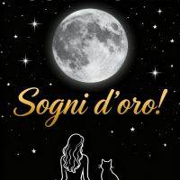 Luna piena nel cielo stellato con scritta “Buonanotte” e una ragazza seduta accanto a un gatto