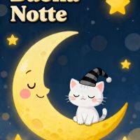 Gatto con cappello da notte seduto su una luna crescente, con stelle su sfondo blu