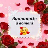 Biglietto con scritta “Buonanotte a domani” tra rose rosse, petali e farfalle su sfondo rosa