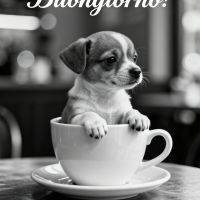 Cagnolino dentro una tazza da caffè, in bianco e nero, con scritta di buongiorno e domanda sulla bevanda