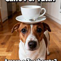 Cane con tazza e piattino in equilibrio sulla testa, con scritta sul caffè amaro o zuccherato