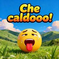 Faccina emoji sudata con lingua fuori su prato tra colline verdi e cielo azzurro