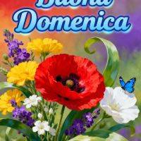 Bouquet di fiori colorati con papavero rosso e farfalla blu su sfondo sfumato