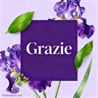 Biglietto viola con scritta “Grazie”, decorato con iris viola e foglie verdi