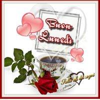 Tazza di caffè con piattino decorato, rosa rossa, cuori rosa e scritto 'Buon Lunedì' con cornice rossa