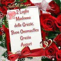 Biglietto con rose rosse, cuori e farfalla; auguri per l’onomastico di Grazia il 2 luglio