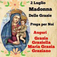 Illustrazione sacra della Madonna con Bambino e corone, con scritte di festa e auguri per nomi Grazi-
