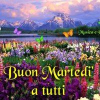 Paesaggio montano con prato fiorito e farfalle volanti