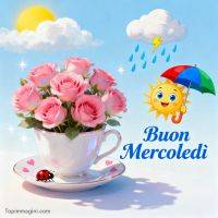 Tazza con rose rosa, coccinella e scritta “Buon mercoledì” con sole sorridente e ombrello