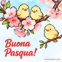 Tre pulcini su rami fioriti di ciliegio e la scritta “Buona Pasqua!”