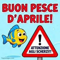 Scritta “Buon pesce d’aprile” con pesciolino sorridente e cartello di avviso sugli scherzi