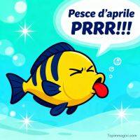 Pesce giallo a cartone animato con lingua fuori e fumetto “Pesce d’aprile PRRR!!!!”