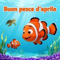 Pesci pagliaccio sorridenti sott’acqua con tartaruga marina e alghe, augurio di pesce d’aprile